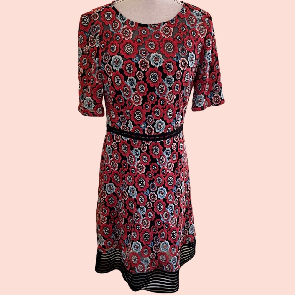 Tahari ASL Orange Red/Blue Floral Embroidered Lace Aline Dress 8
